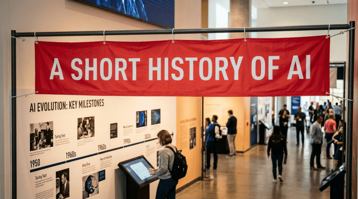 Exhibit wall with a timeline of AI evolution milestones from 1950 to 2000s and a woman interacting with a touchscreen display